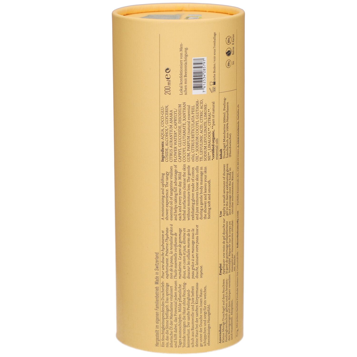 Gelbe zylindrische Verpackung. Rückseite mit Text. Inhaltsstoffe, Herstellerinformationen und Logos.