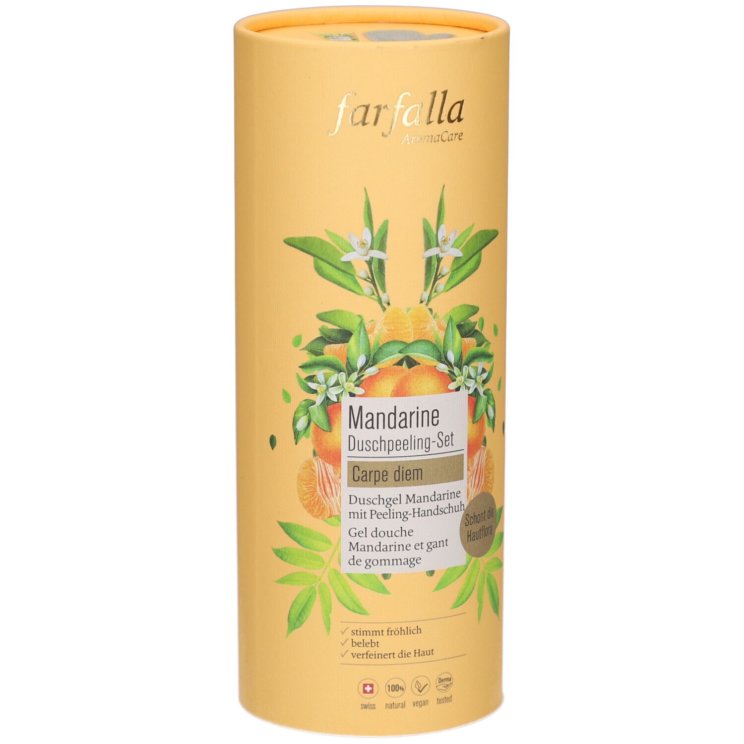 Gelbe zylindrische Verpackung. Farfalla-Logo. Mandarine Duschpeeling-Set. Illustrationen von Mandarinen und Blättern. Text in Deutsch und Französisch.