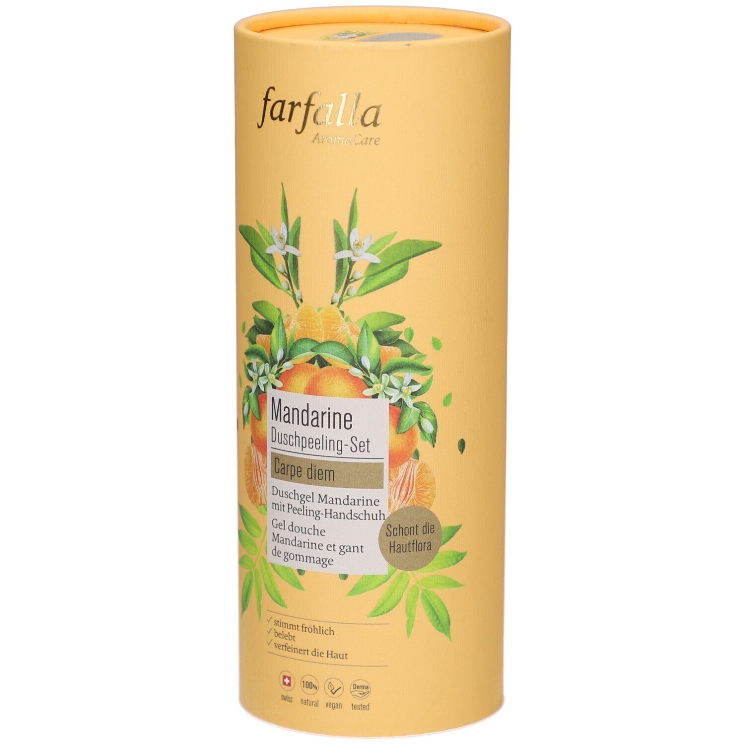 Gelbe zylindrische Verpackung. Farfalla-Logo. Mandarine Duschpeeling-Set. Illustrationen von Mandarinen und Blättern. Text in Deutsch und Französisch.
