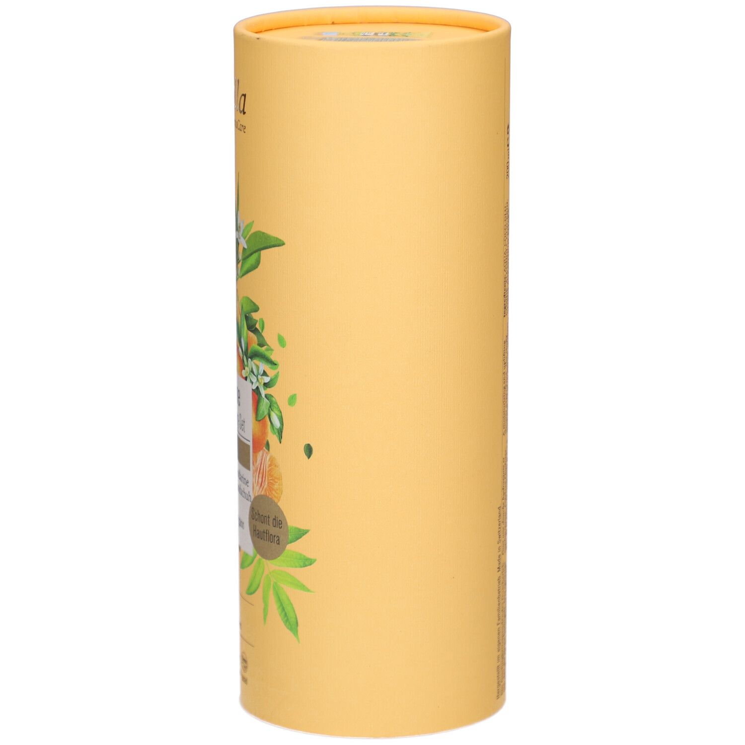 Gelbe zylindrische Verpackung. Farfalla-Logo. Illustrationen von Mandarinen und Blättern. Text in Deutsch und Französisch.