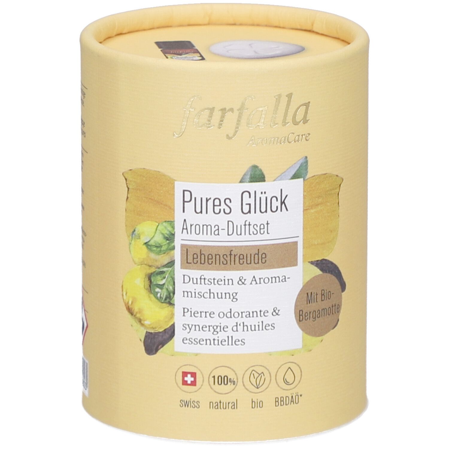 Zylindrische Verpackung. Aufschrift: Farfalla, Pures Glück Aroma-Duftset. Enthält Duftstein & Aromamischung. Mit Bio-Bergamotte. Swiss natural bio.
