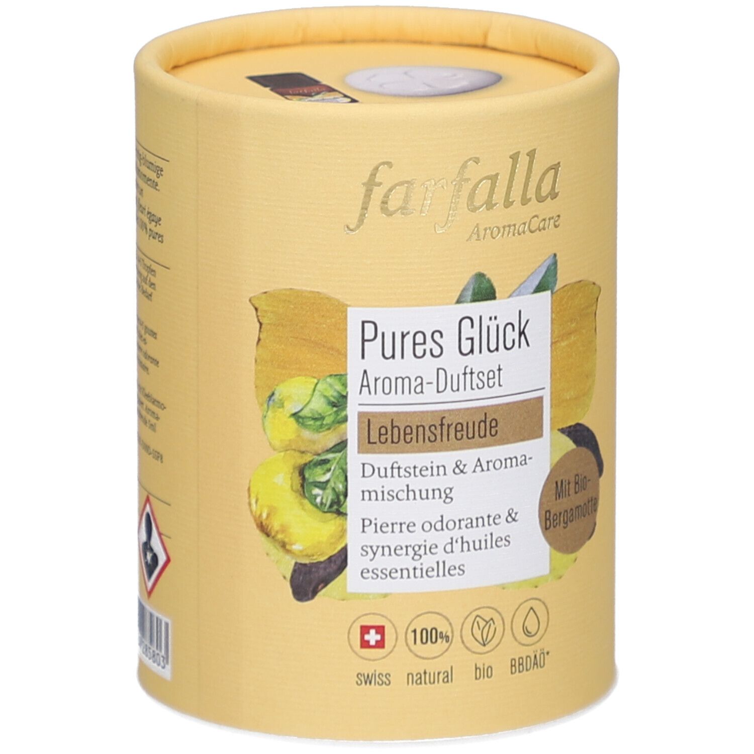 Zylindrische Verpackung. Aufschrift: Farfalla, Pures Glück Aroma-Duftset. Enthält Duftstein & Aromamischung. Mit Bio-Bergamotte. Swiss natural bio.