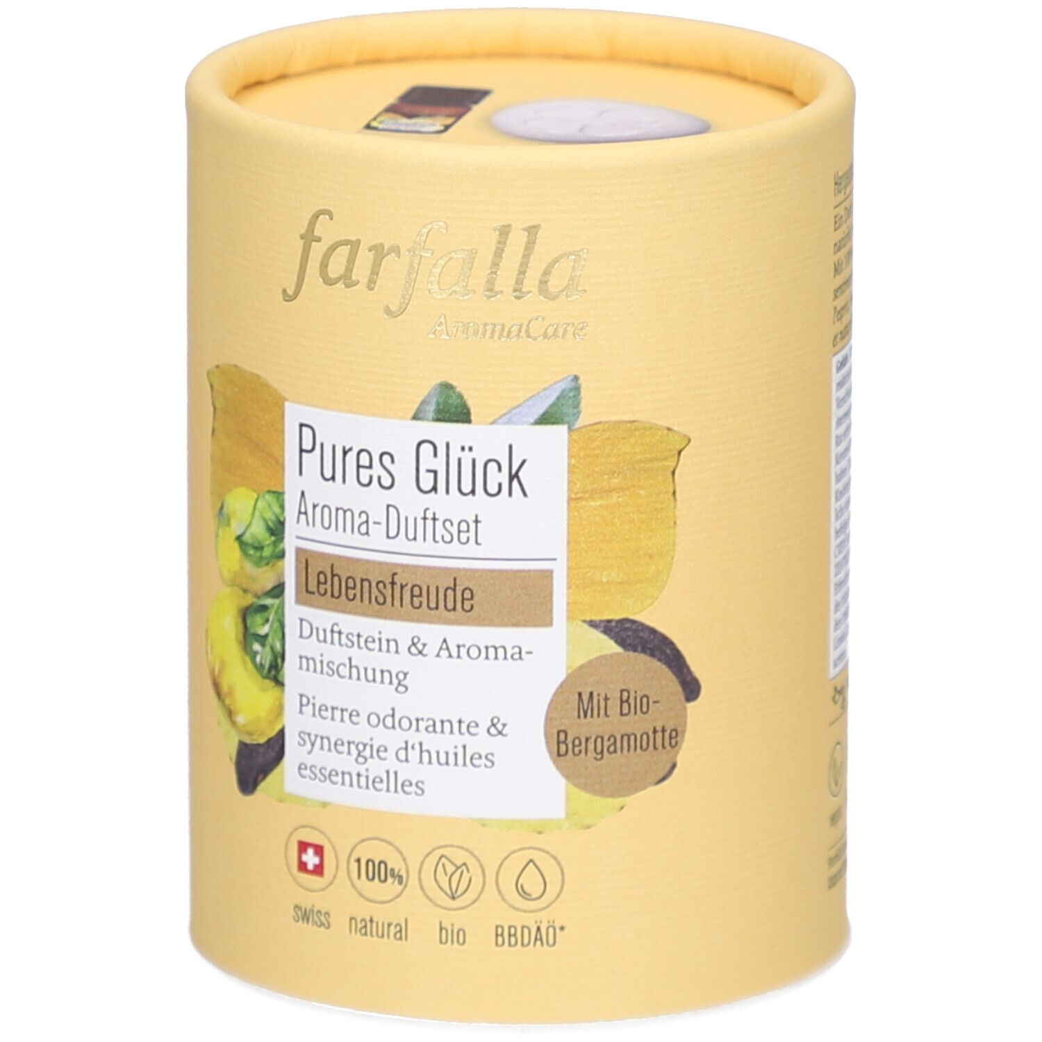 Zylindrische Verpackung. Aufschrift: Farfalla, Pures Glück Aroma-Duftset. Enthält Duftstein & Aromamischung. Mit Bio-Bergamotte. Swiss natural bio.