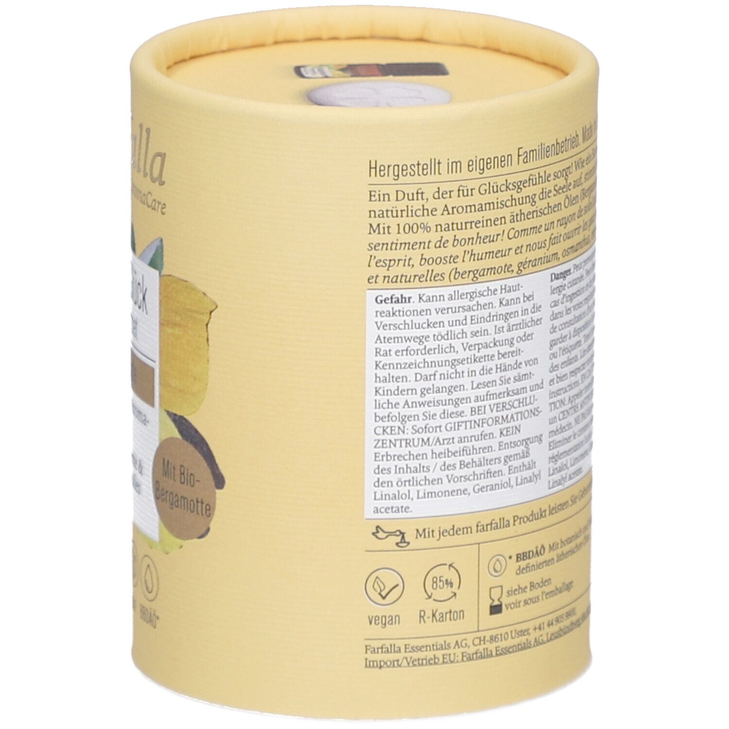 Zylindrische Verpackung, Rückseite. Text über Herstellung, Inhaltsstoffe, Gefahrenhinweise. Vegan, R-Karton. Mit jedem Farfalla Produkt.