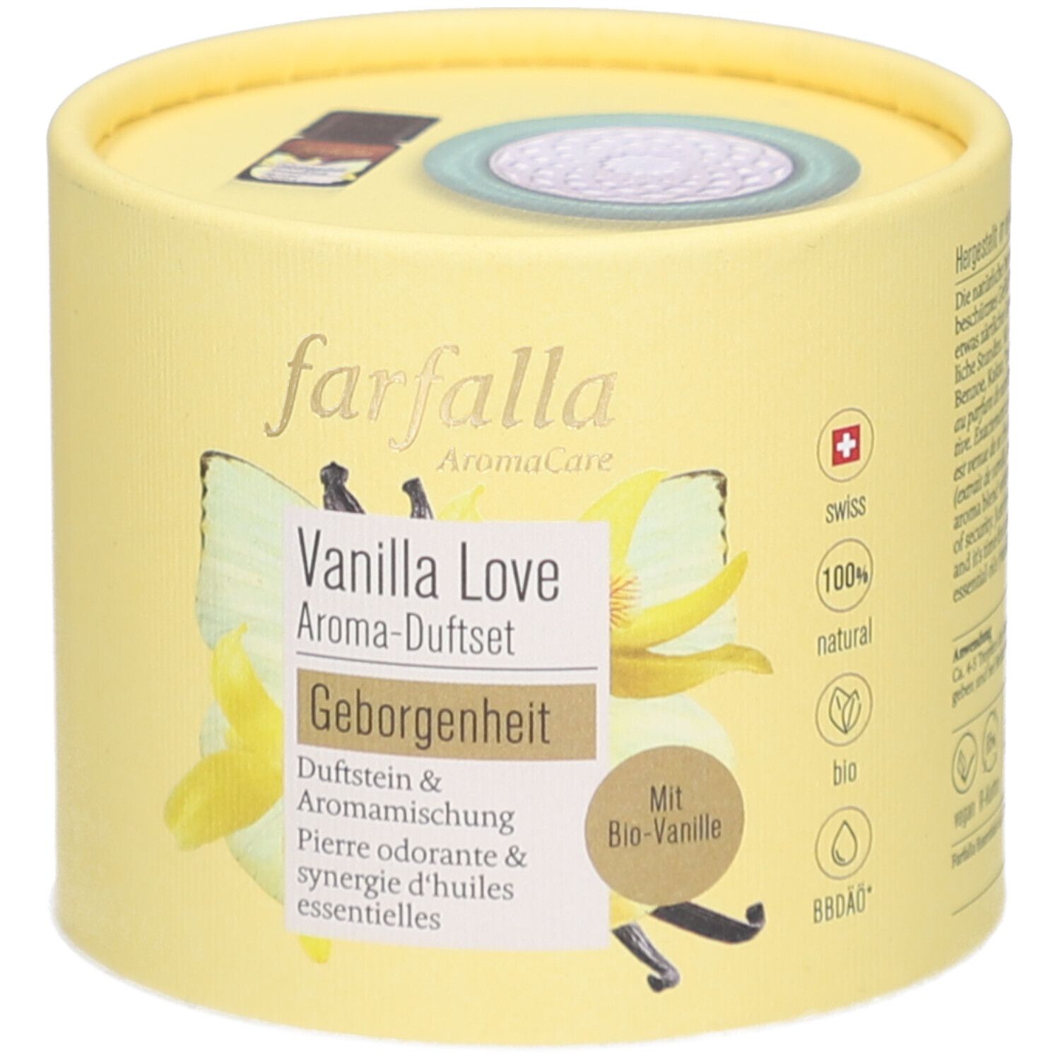 Gelbe runde Verpackung. Aufschrift: Farfalla AromaCare, Vanilla Love Aroma-Duftset, Geborgenheit. Schweizer Kreuz, Bio-Siegel.