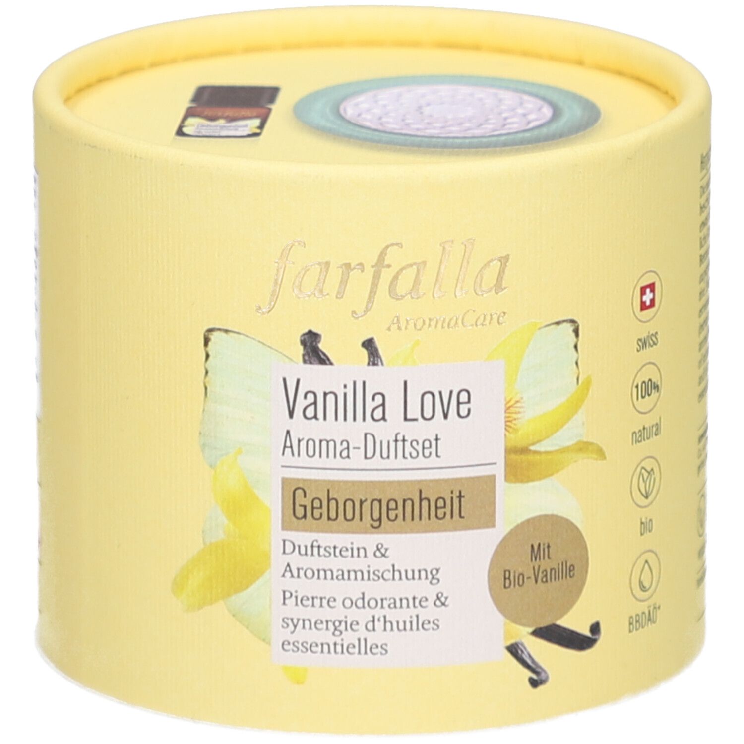 Gelbe runde Verpackung. Aufschrift: Farfalla AromaCare, Vanilla Love Aroma-Duftset, Geborgenheit. Schweizer Kreuz, Bio-Siegel.