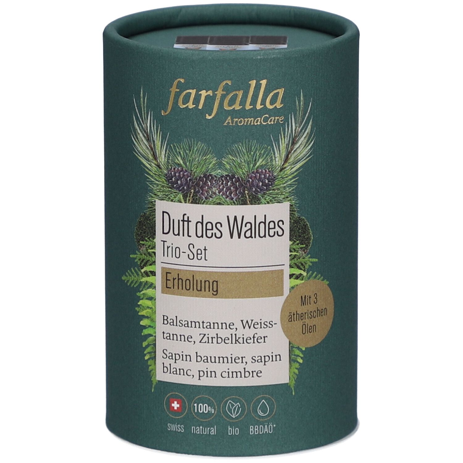 Zylindrische Verpackung, grün. Aufschrift: farfalla AromaCare, Duft des Waldes Trio-Set, Erholung. Mit 3 ätherischen Ölen. Swiss natural bio.