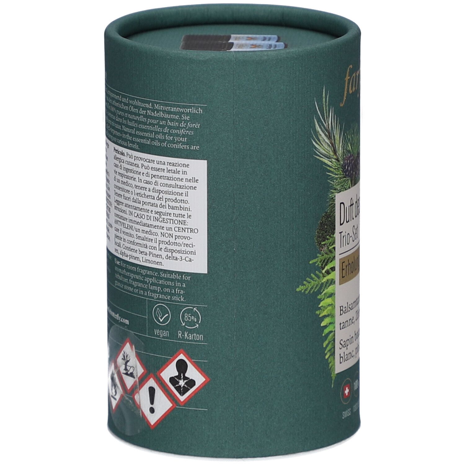 Grüne zylindrische Verpackung. Text: Informationen zu Inhaltsstoffen, Warnhinweise, Gebrauchsanweisung. Vegan, R-Karton. Gefahrensymbole.