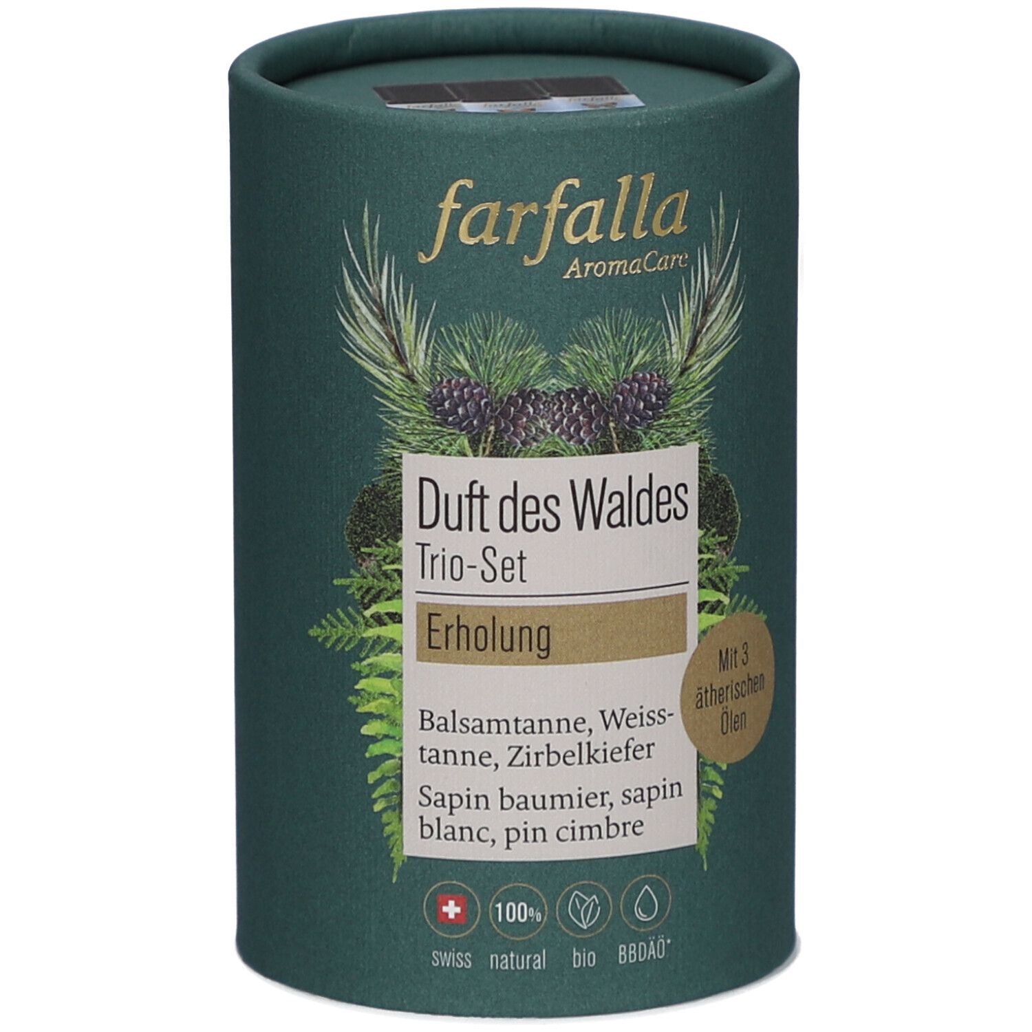 Zylindrische Verpackung, grün. Aufschrift: farfalla AromaCare, Duft des Waldes Trio-Set, Erholung. Mit 3 ätherischen Ölen. Swiss natural bio.