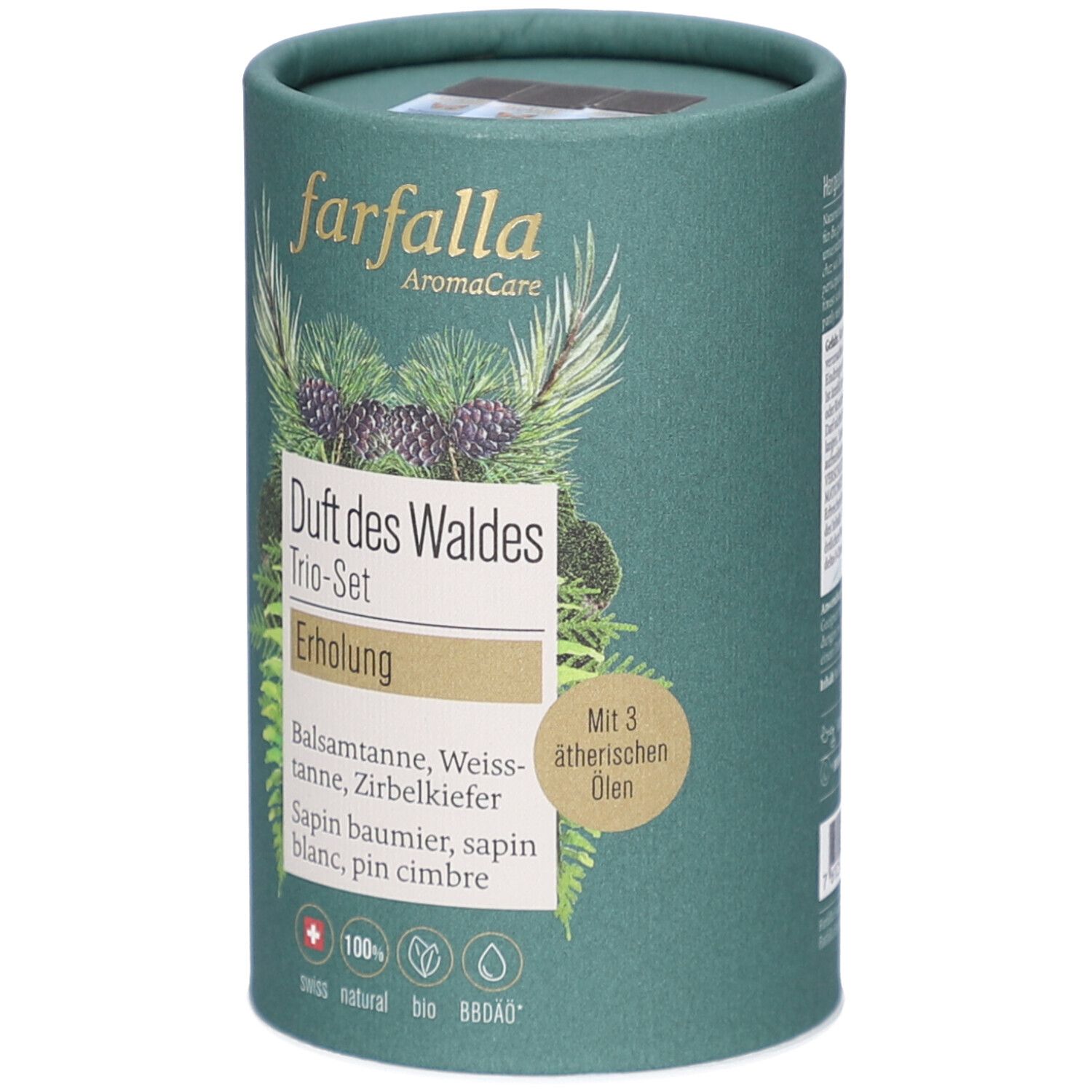 Zylindrische Verpackung, grün. Aufschrift: farfalla AromaCare, Duft des Waldes Trio-Set, Erholung. Mit 3 ätherischen Ölen. Swiss natural bio.