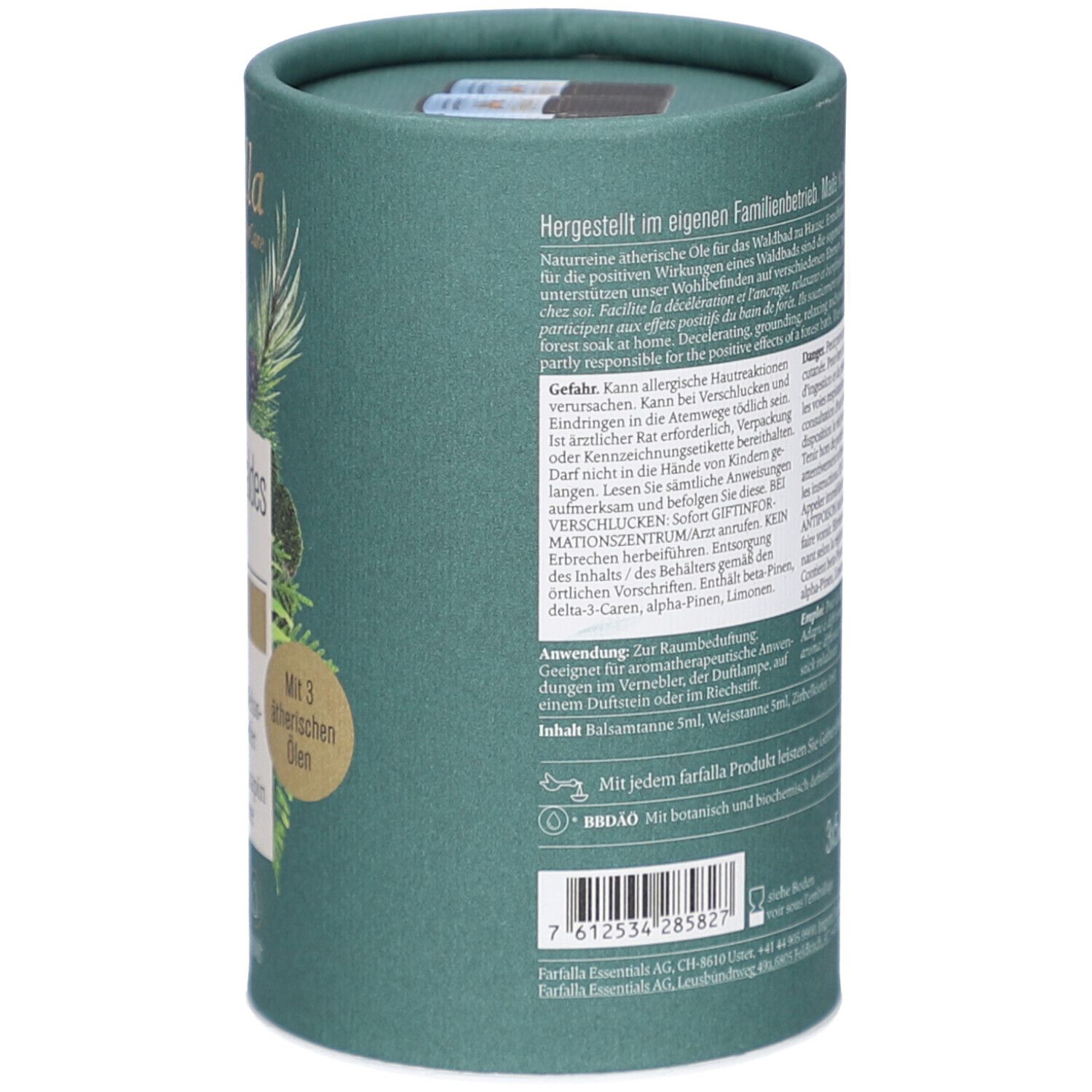 Grüne zylindrische Verpackung. Text: Informationen zu Inhaltsstoffen, Gebrauchsanweisung. Mit botanischen und biochemisch definierten ätherischen Ölen.