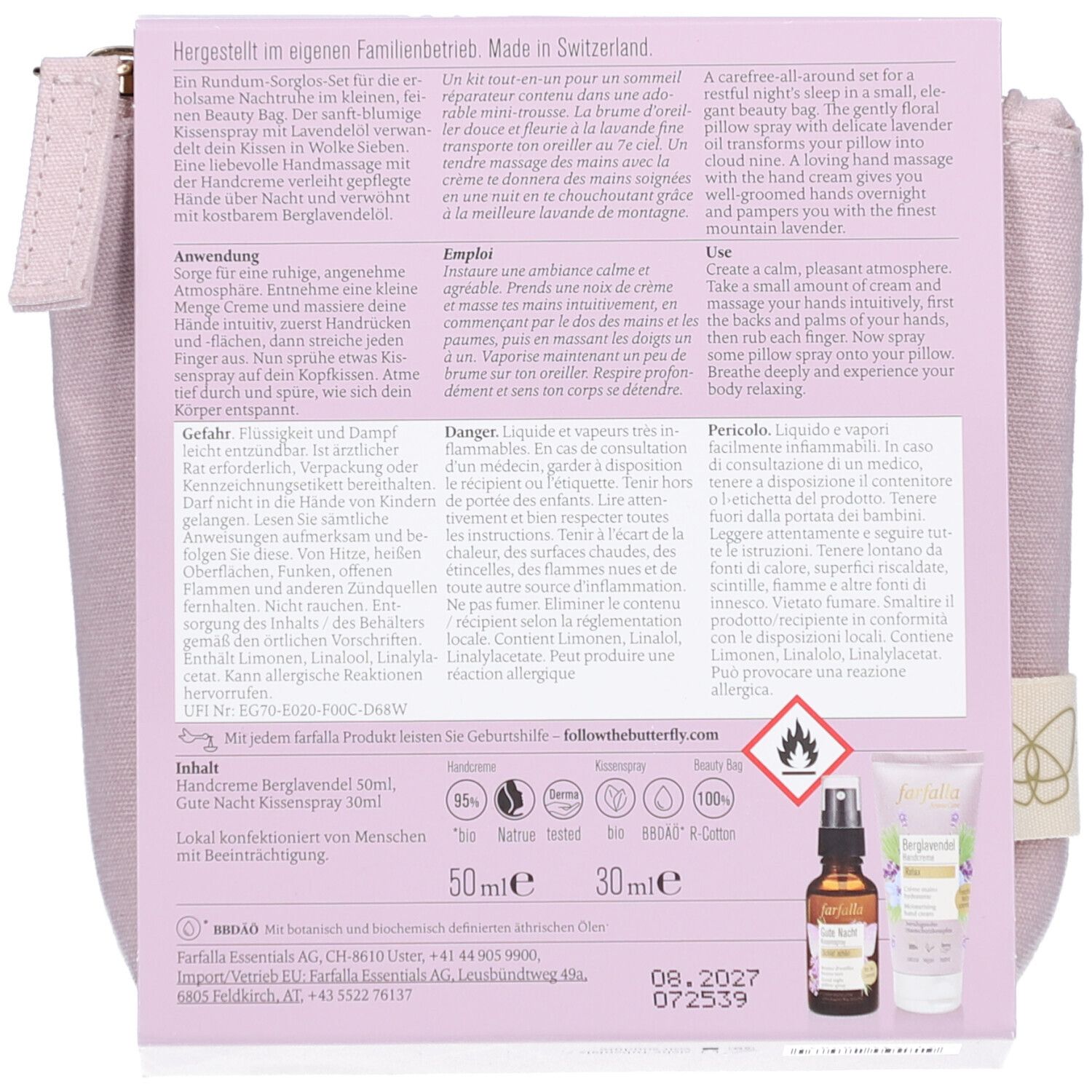 Dos de l'emballage du produit. Texte, logos et illustrations de produits: spray d'oreiller, crème pour les mains. Ingrédients, avertissements, certifications.