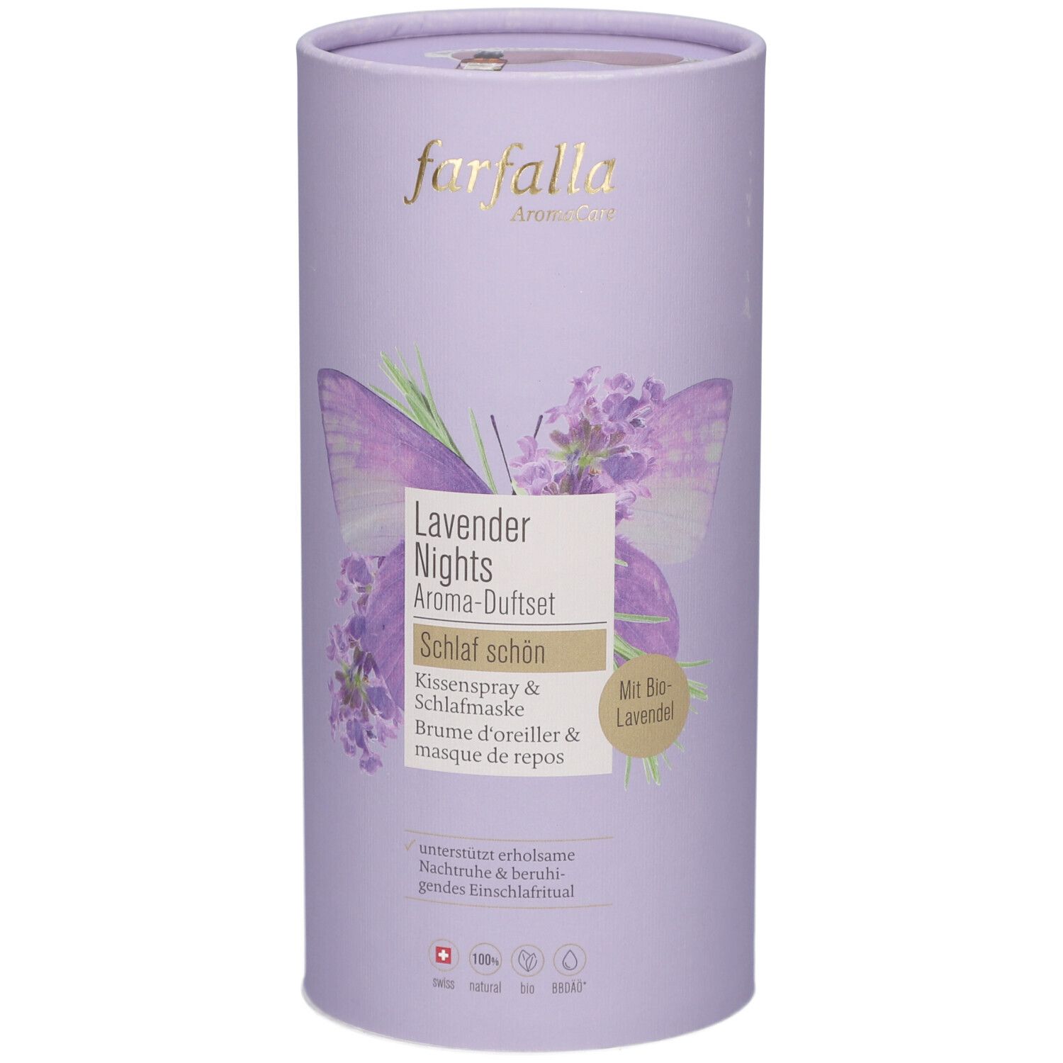 Zylindrische Verpackung, lila. Aufschrift: Farfalla, Lavender Nights Aroma-Duftset. Abbildung: Lavendelblüten und Schmetterling.