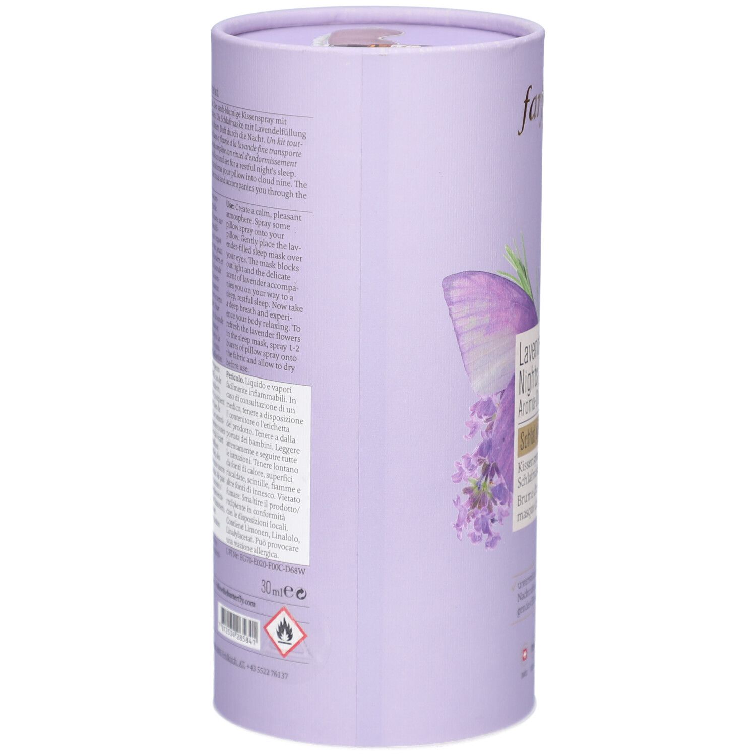 Zylindrische Verpackung, lila. Text auf der Seite. Aufschrift: Farfalla, Lavender Nights Aroma-Duftset. Warnhinweise.