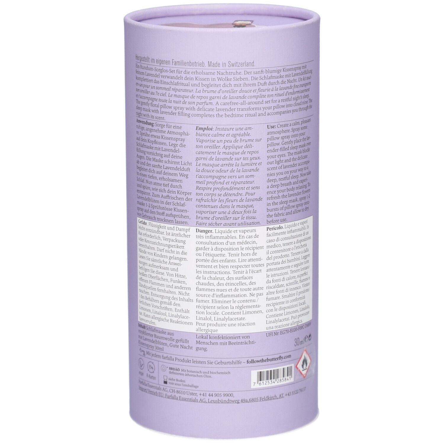 Zylindrische Verpackung, lila. Text auf der Rückseite. Aufschrift: Farfalla, Lavender Nights Aroma-Duftset. Hergestellt in der Schweiz.