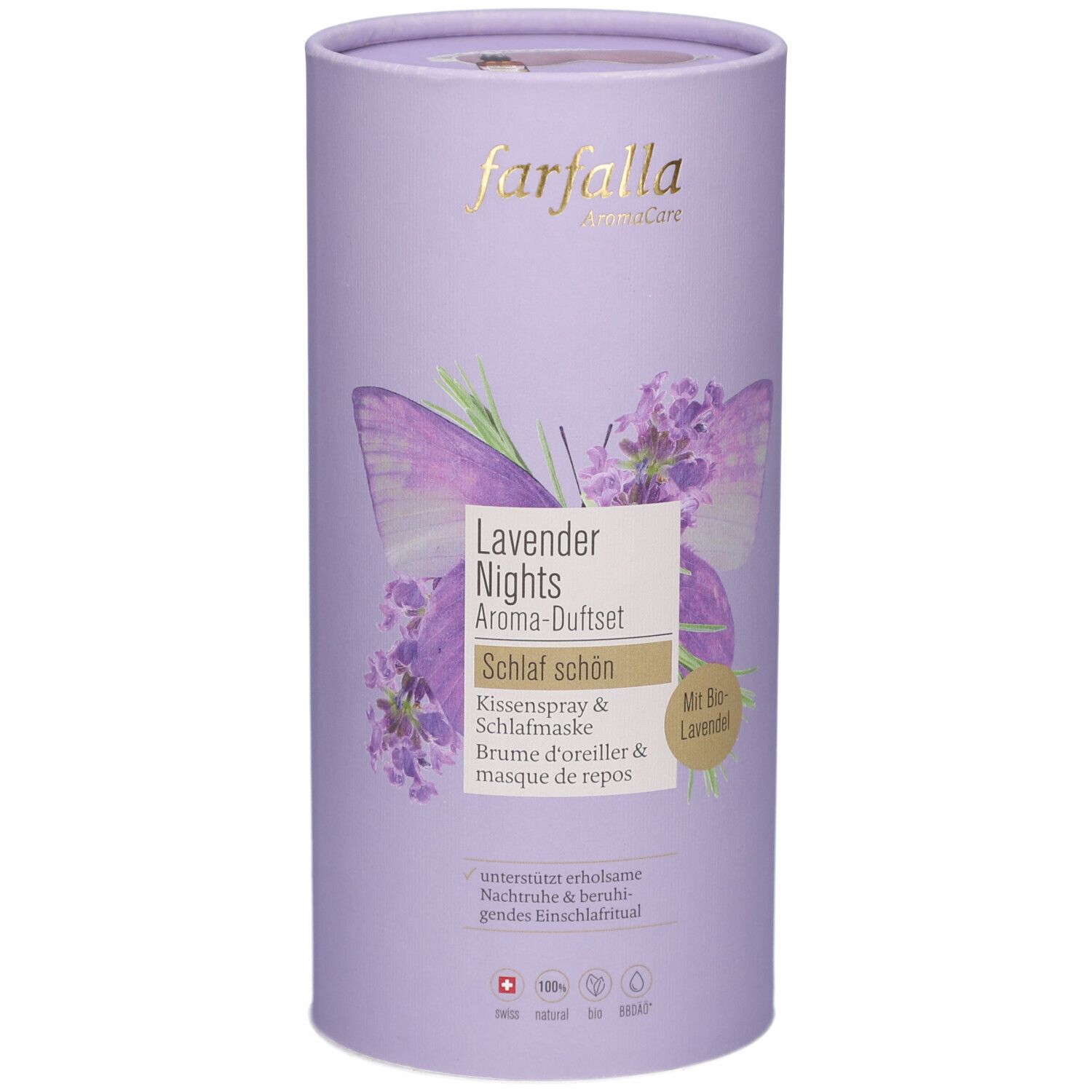 Zylindrische Verpackung, lila. Aufschrift: Farfalla, Lavender Nights Aroma-Duftset. Abbildung: Lavendelblüten und Schmetterling.