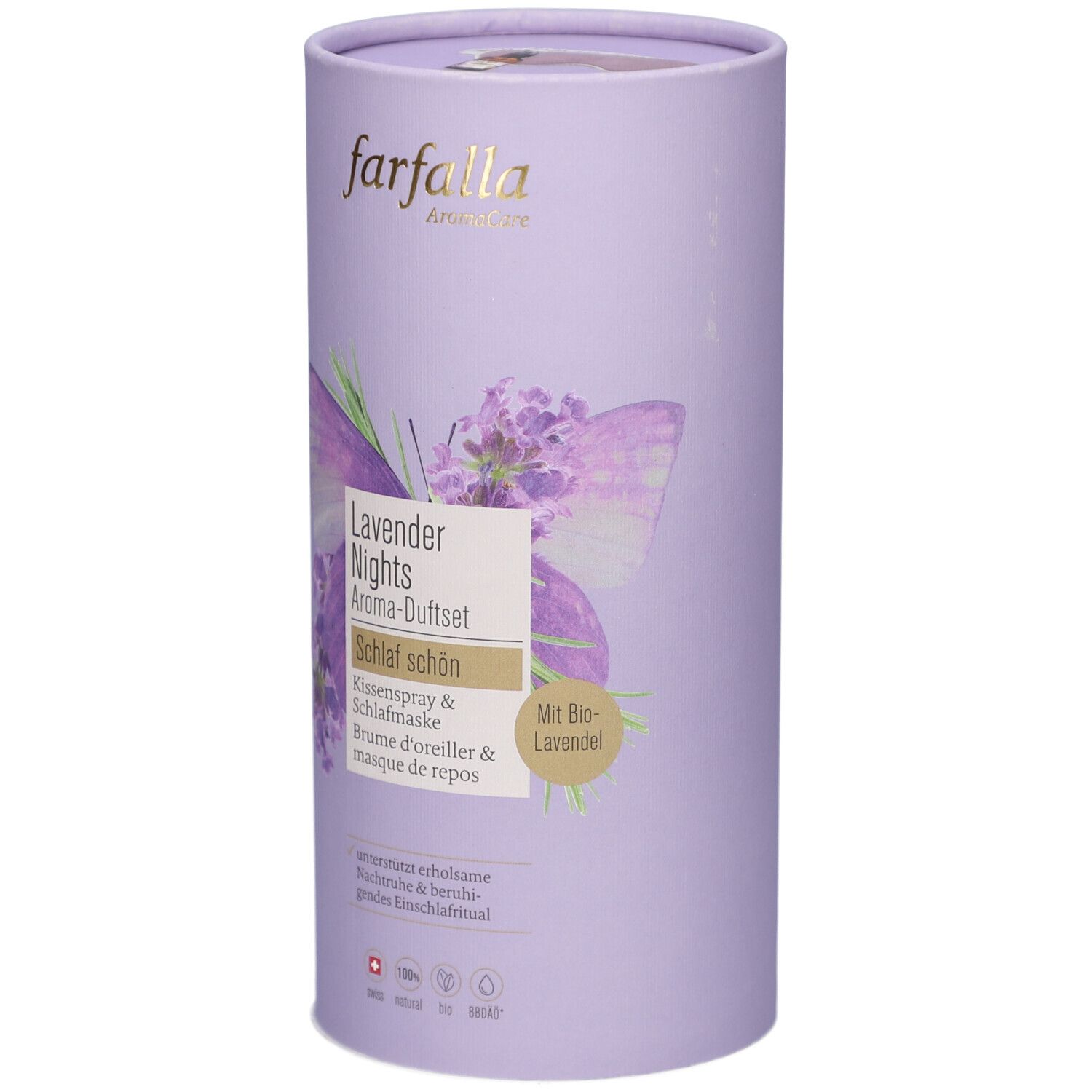 Zylindrische Verpackung, lila. Aufschrift: Farfalla, Lavender Nights Aroma-Duftset. Abbildung: Lavendelblüten und Schmetterling.