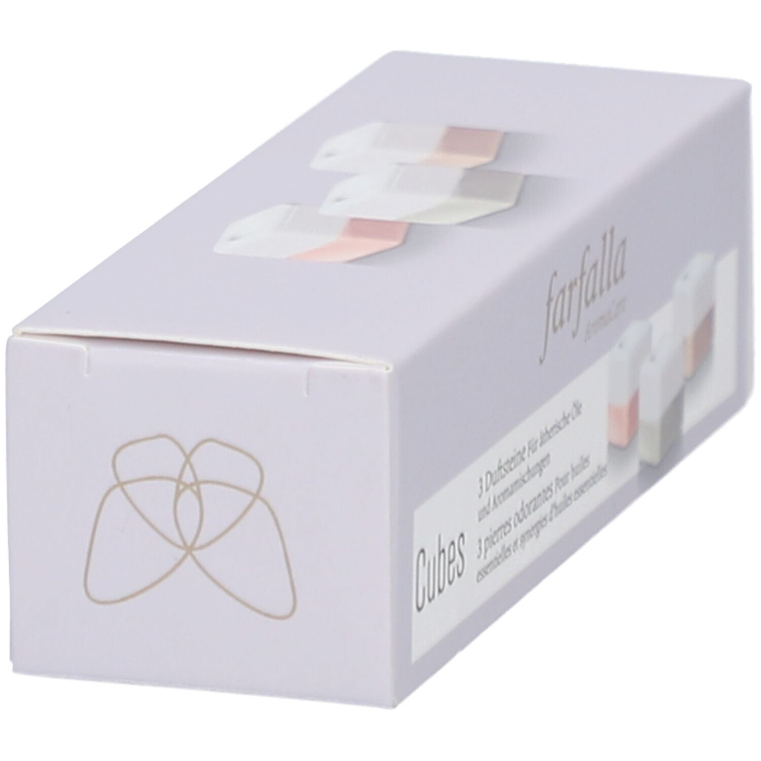 Helllila Schachtel, seitliche Ansicht. Logo: farfalla. Aufschrift: Cubes, 3 Duftsteine. Drei Würfel mit rosa und grau.