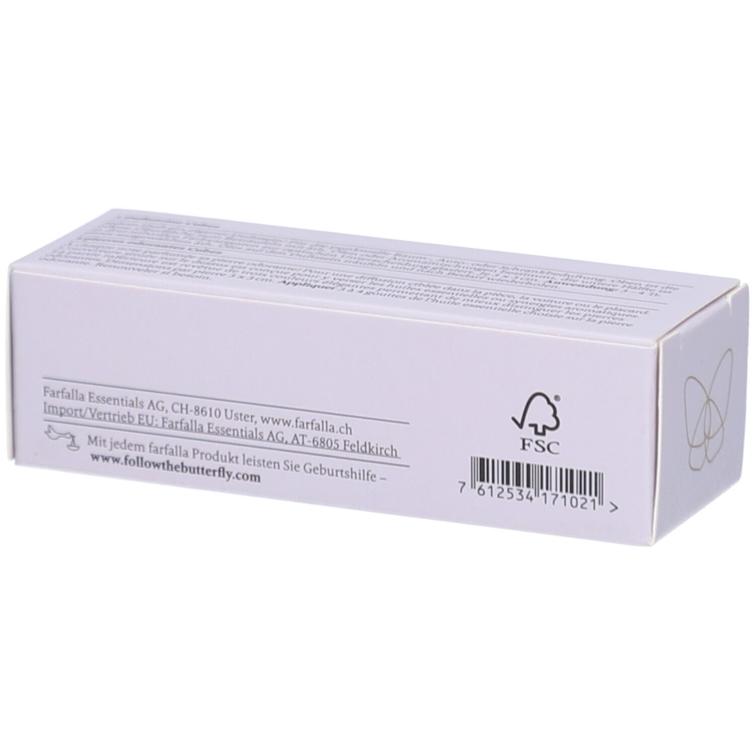 Weiße Schachtel, Rückseite. Text: farfalla Essentials AG, FSC-Logo, Barcode. Aufschrift: www.followthebutterfly.com.