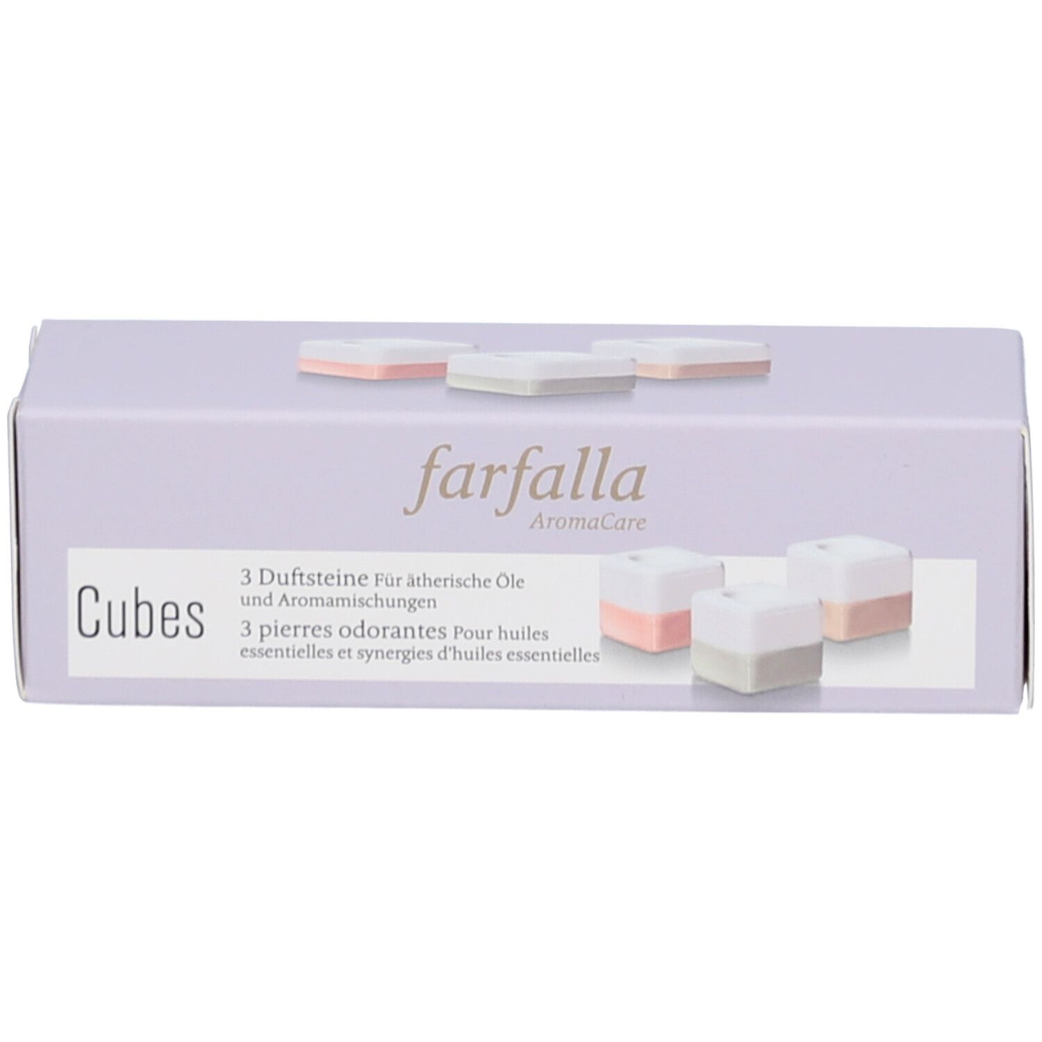 Helllila Schachtel mit Produktabbildung. Aufschrift: farfalla, Cubes, 3 Duftsteine. Drei Würfel mit rosa und grau.