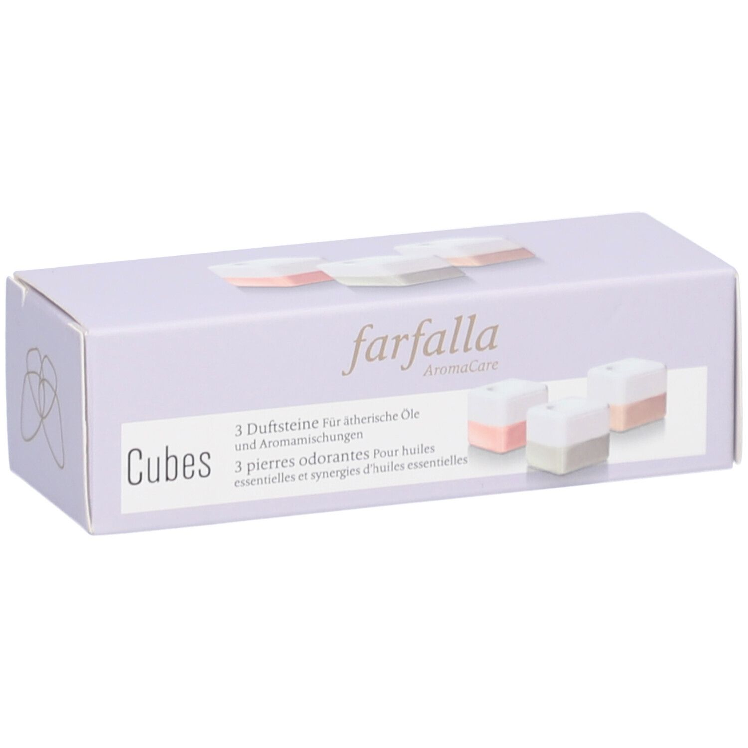 Helllila Schachtel mit Produktabbildung. Aufschrift: farfalla, Cubes, 3 Duftsteine. Drei Würfel mit rosa und grau.