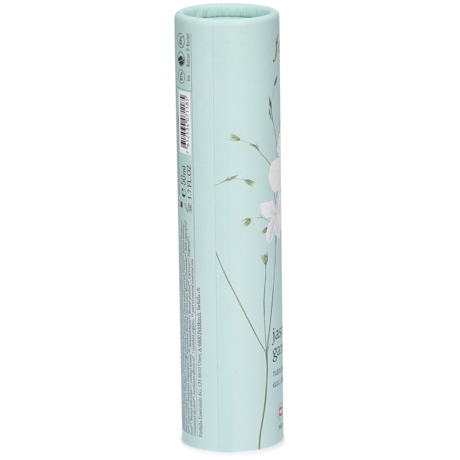 Zylindrische Verpackung, hellblau mit floralem Muster. Aufschrift: Farfalla, Jasmine Garden, natürliches Eau de Parfum. Text und Symbole.