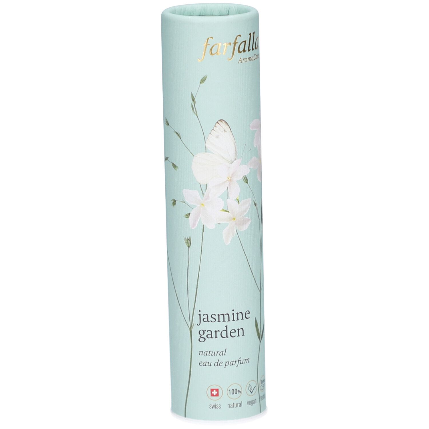 Zylindrische Verpackung, hellblau mit floralem Muster. Aufschrift: Farfalla, Jasmine Garden, natürliches Eau de Parfum. Schweizer Kreuz.