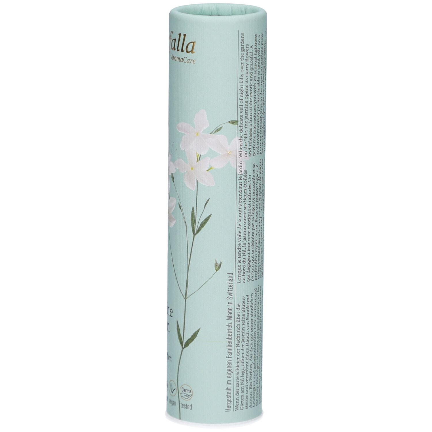 Zylindrische Verpackung, hellblau mit floralem Muster. Aufschrift: Farfalla, Jasmine Garden, natürliches Eau de Parfum. Text und Symbole.