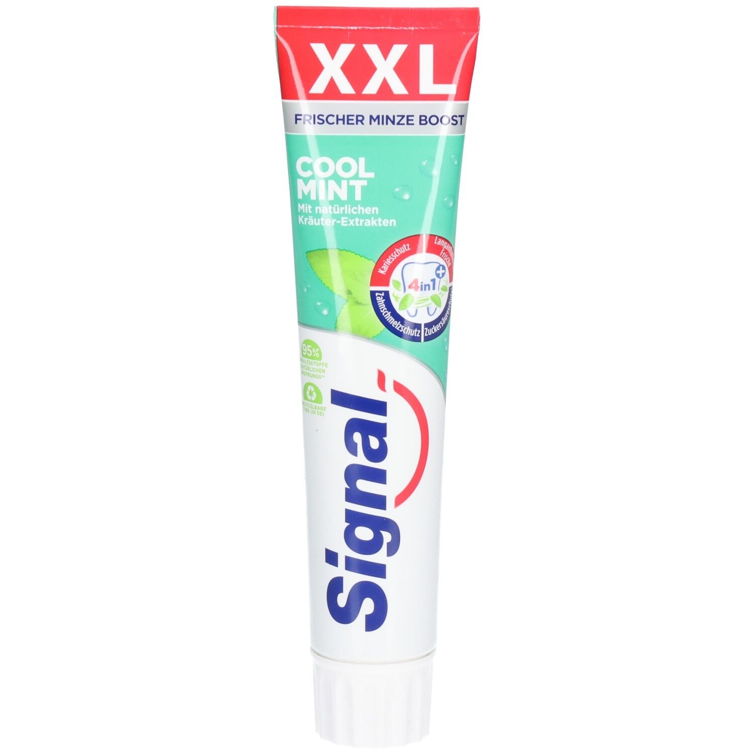 Tube de dentifrice. Blanc, rouge et vert. Inscription: XXL, Cool Mint, Signal. Avec extraits de plantes. Protection 4 en 1. Sceau.