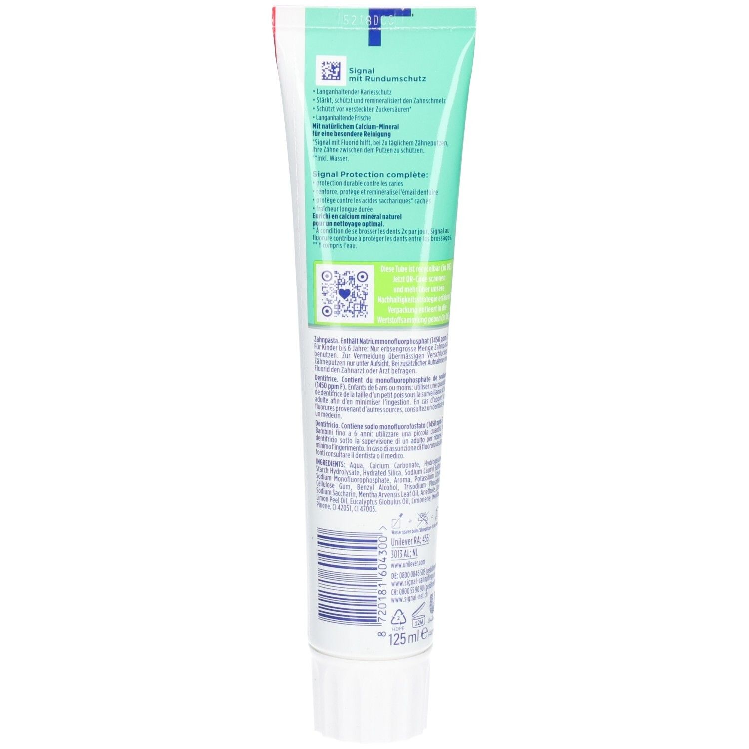 Dos du tube de dentifrice. Blanc, vert. Texte: Signal, protection complète, Signal Protection Complete. Code QR. Volume: 125ml.