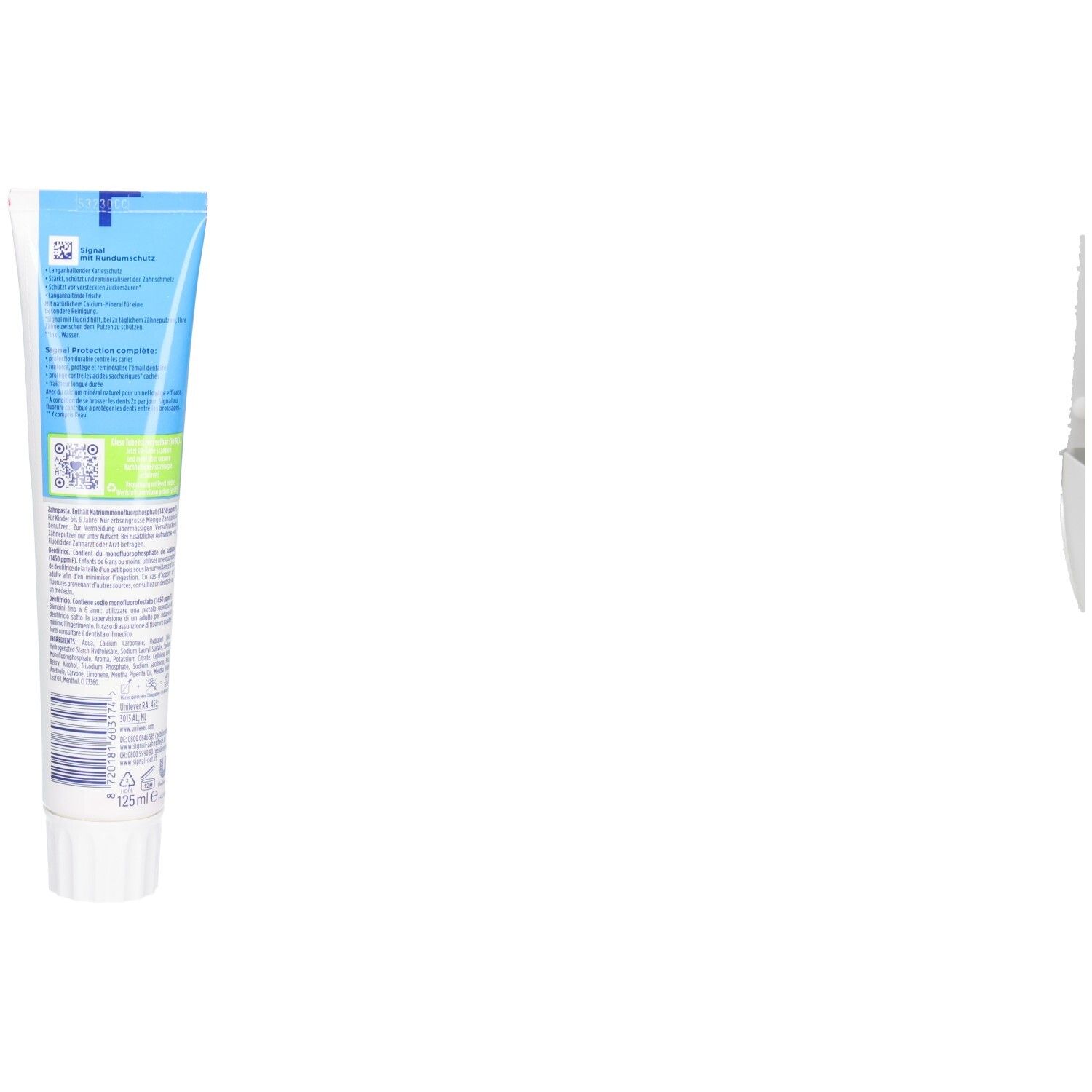 Dos du tube de dentifrice. Contient du texte et des logos. En bas : "125 ml".