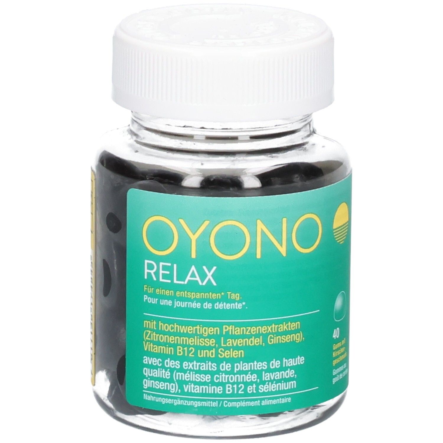 OYONO Relax Gummis in transparenter Dose mit weißem Deckel. Grüne Banderole mit Produktinformationen.