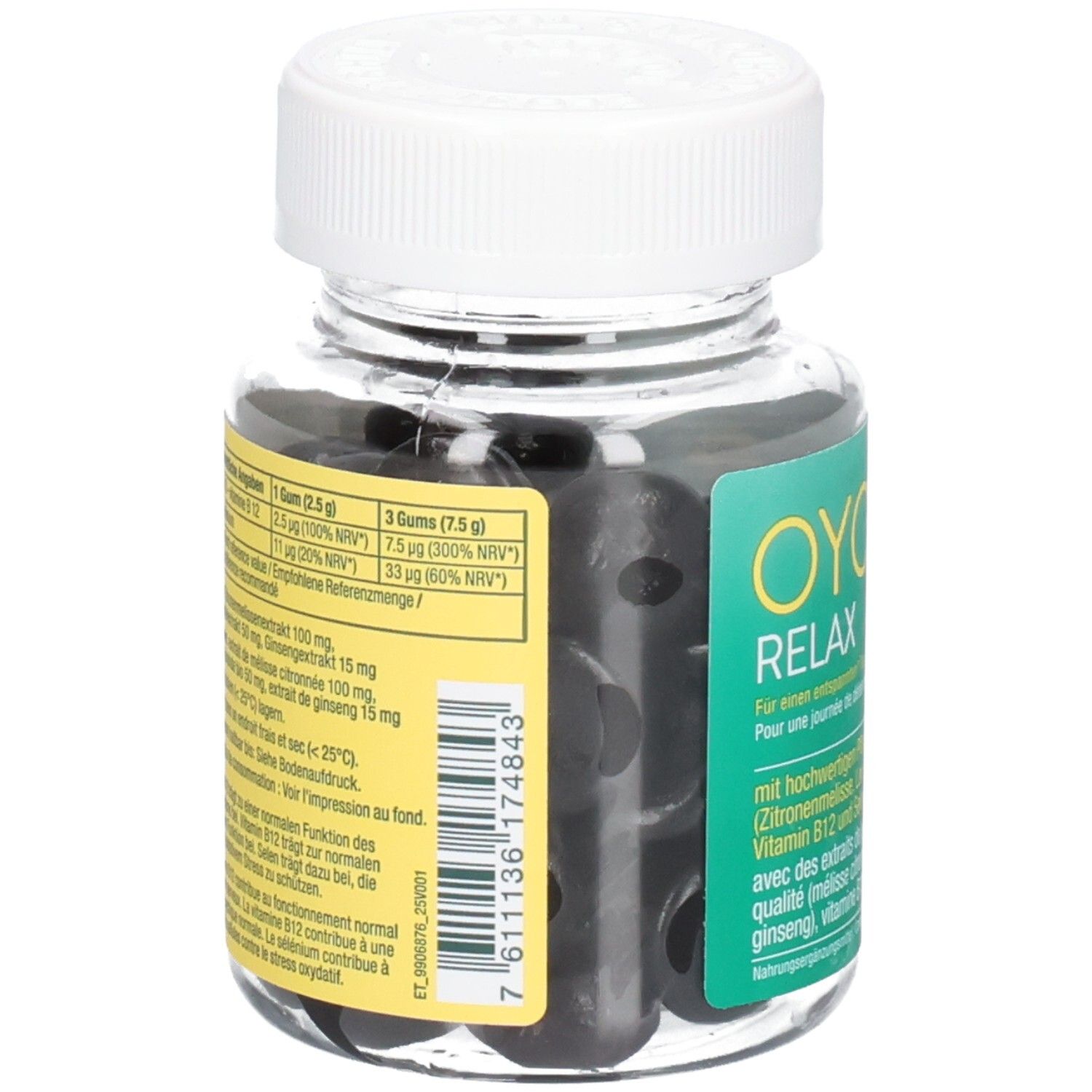 Rückseite der Dose OYONO Relax Gummis. Gelbes Etikett mit Nährwertangaben und Inhaltsstoffen.