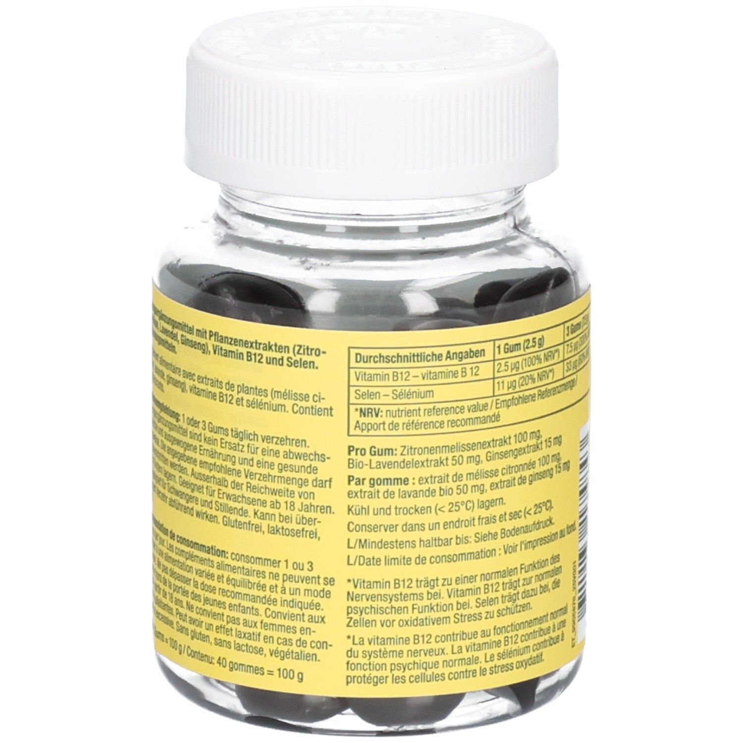 Seitenansicht der Dose OYONO Relax Gummis. Gelbes Etikett mit detaillierten Anwendungshinweisen.