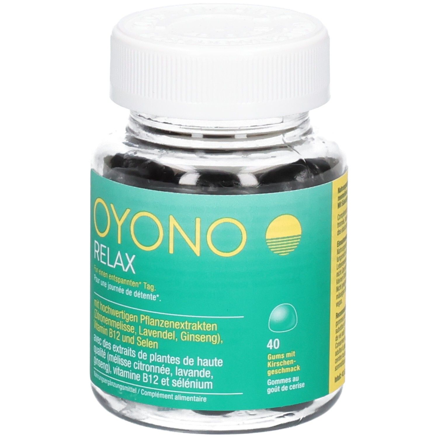 OYONO Relax Gummis in Dose. Grüne Banderole zeigt 40 Gummis mit Kirschgeschmack.
