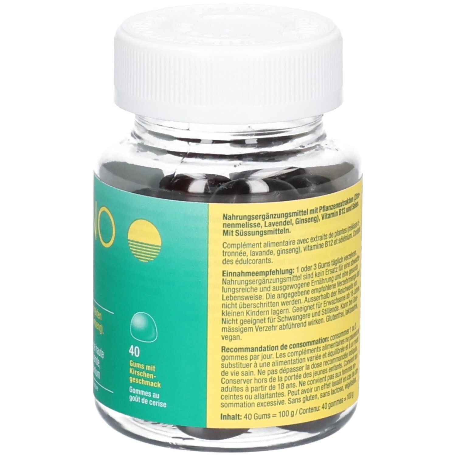 Detaillierte Ansicht des gelben Etiketts auf der Dose OYONO Relax Gummis mit Inhaltsstoffen.