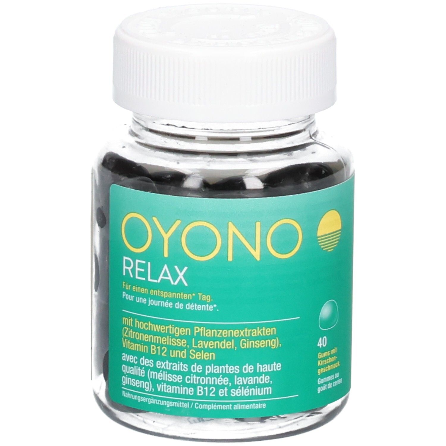 OYONO Relax Gummis in transparenter Dose. Grüne Banderole mit Informationen zu Pflanzenextrakten.