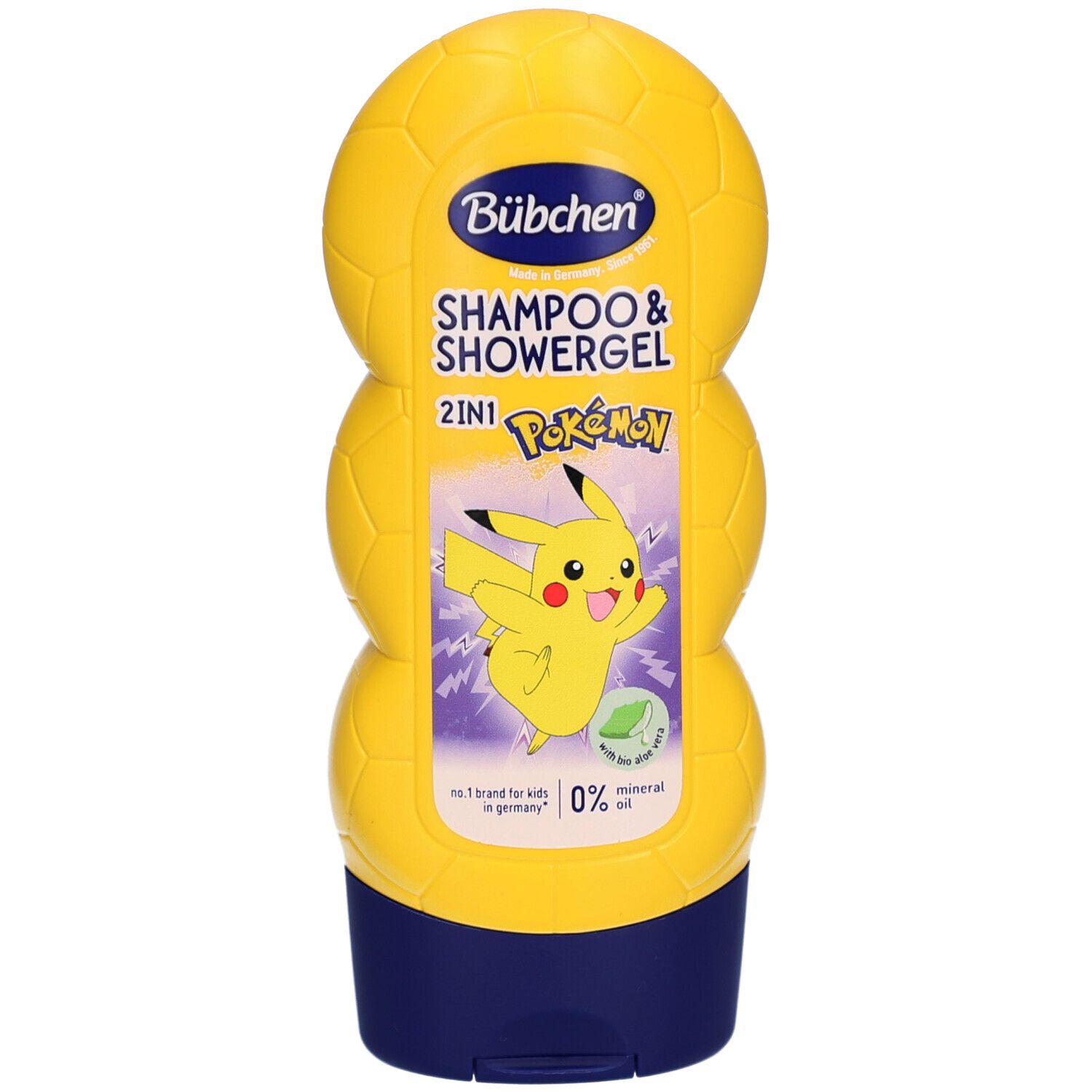 Flacon jaune et bleu BÜBCHEN, Shampooing & Gel douche 2en1 Pokémon Pikachu. Illustration Pikachu et 0% huile minérale.