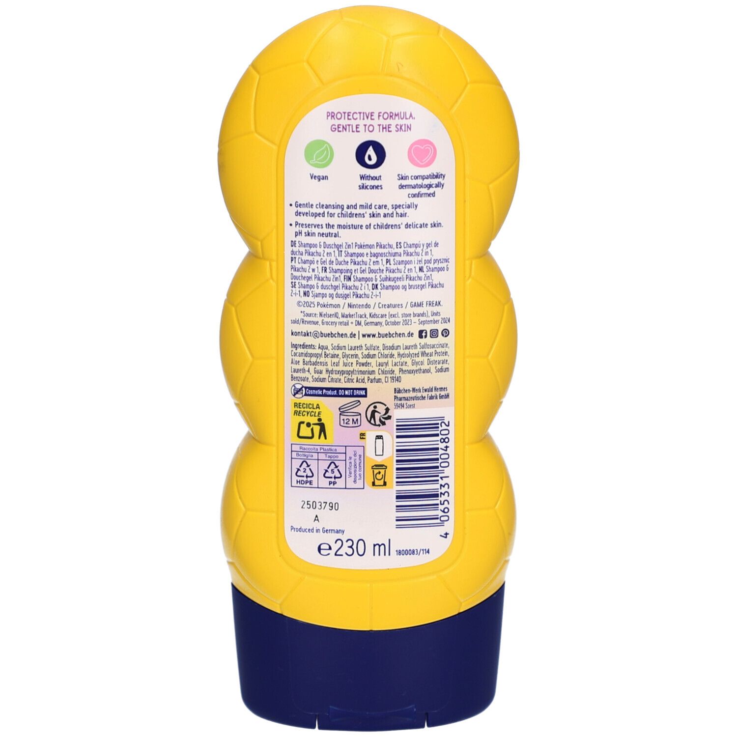 Dos du flacon jaune et bleu. Texte: Protective Formula, doux pour la peau. Contient des informations sur les ingrédients et le recyclage.