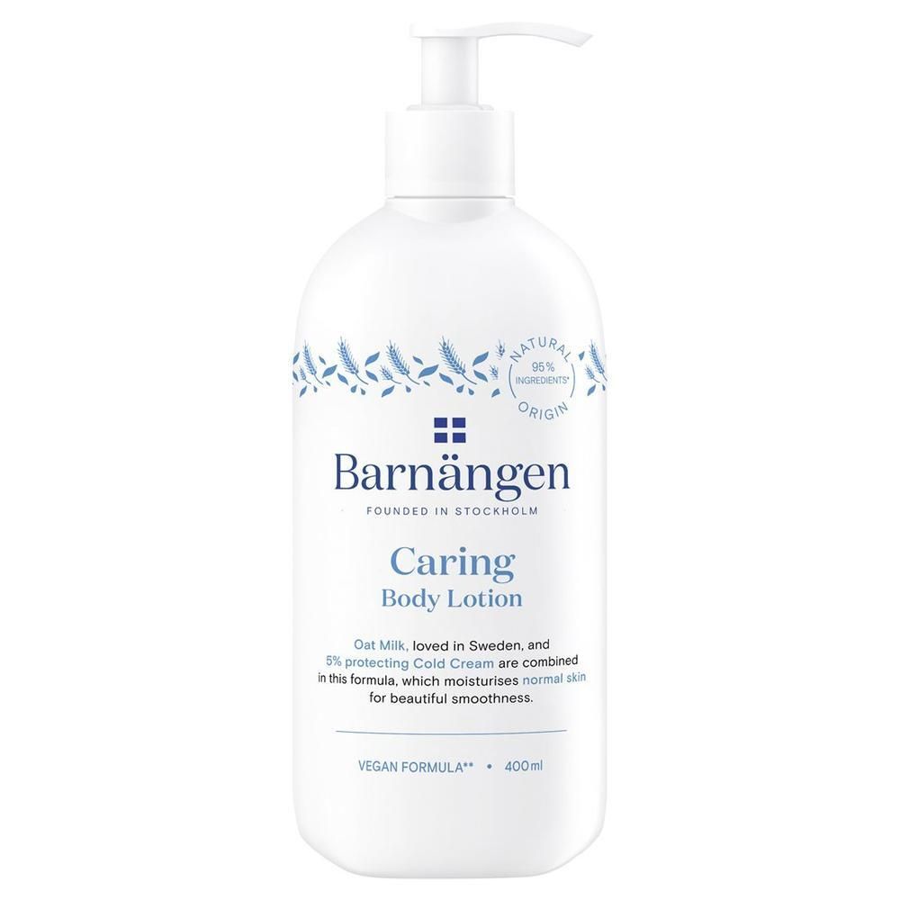 Weiße Pumpflasche mit Barnängen Caring Body Lotion. Natürlicher Ursprung, vegane Formel.