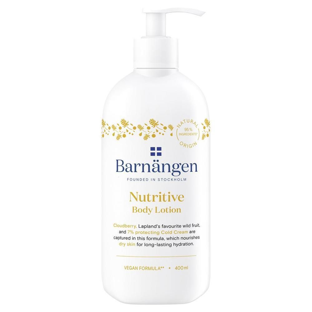 Weiße Flasche mit Spender. Aufschrift: Barnängen Nutritive Body Lotion. Mit floralem Muster und Text. Vegan.