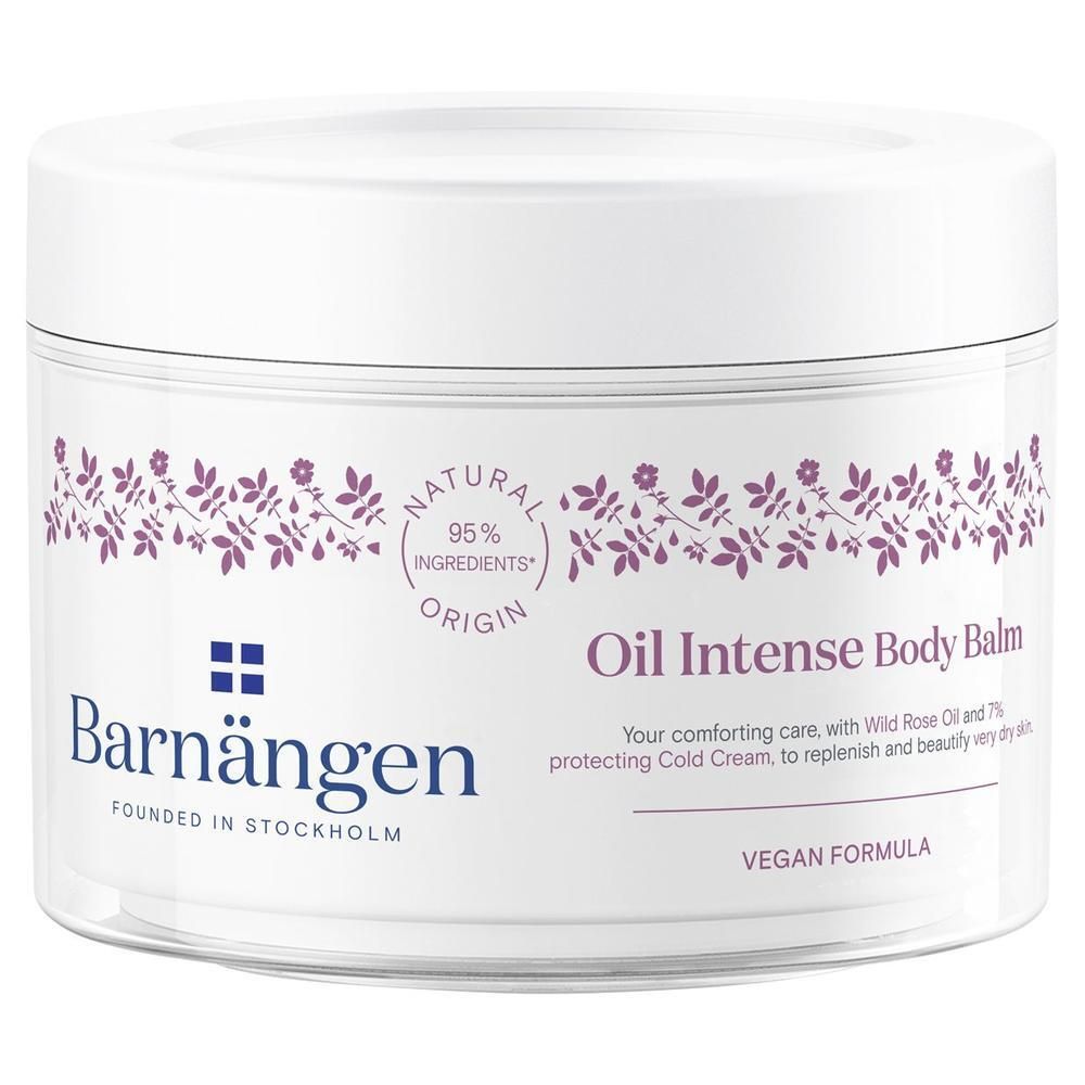 Barnängen Oil Intense Body Balm in weißem Tiegel mit lila floralem Muster. 95% natürliche Inhaltsstoffe.