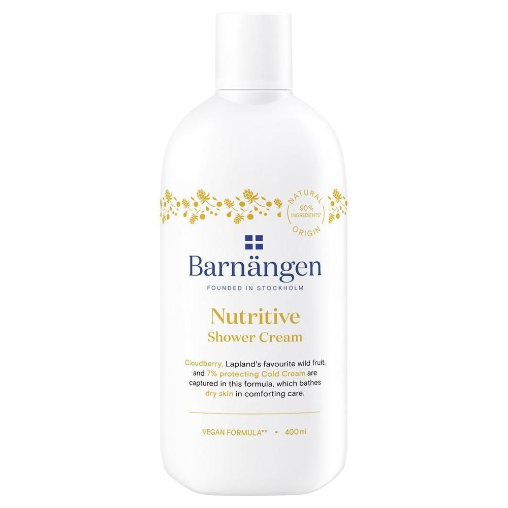 Weiße Flasche BARNÄNGEN Duschgel Nutritive. Gelbe Blütenmuster und Logo. Text: Natural 80% Ursprung. Vegan Formula.