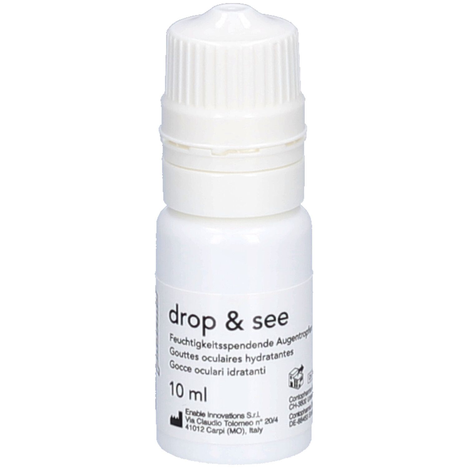 Flacon blanc de gouttes ophtalmiques avec bouchon à vis. Inscription : drop & see, 10 ml. Indications multilingues.