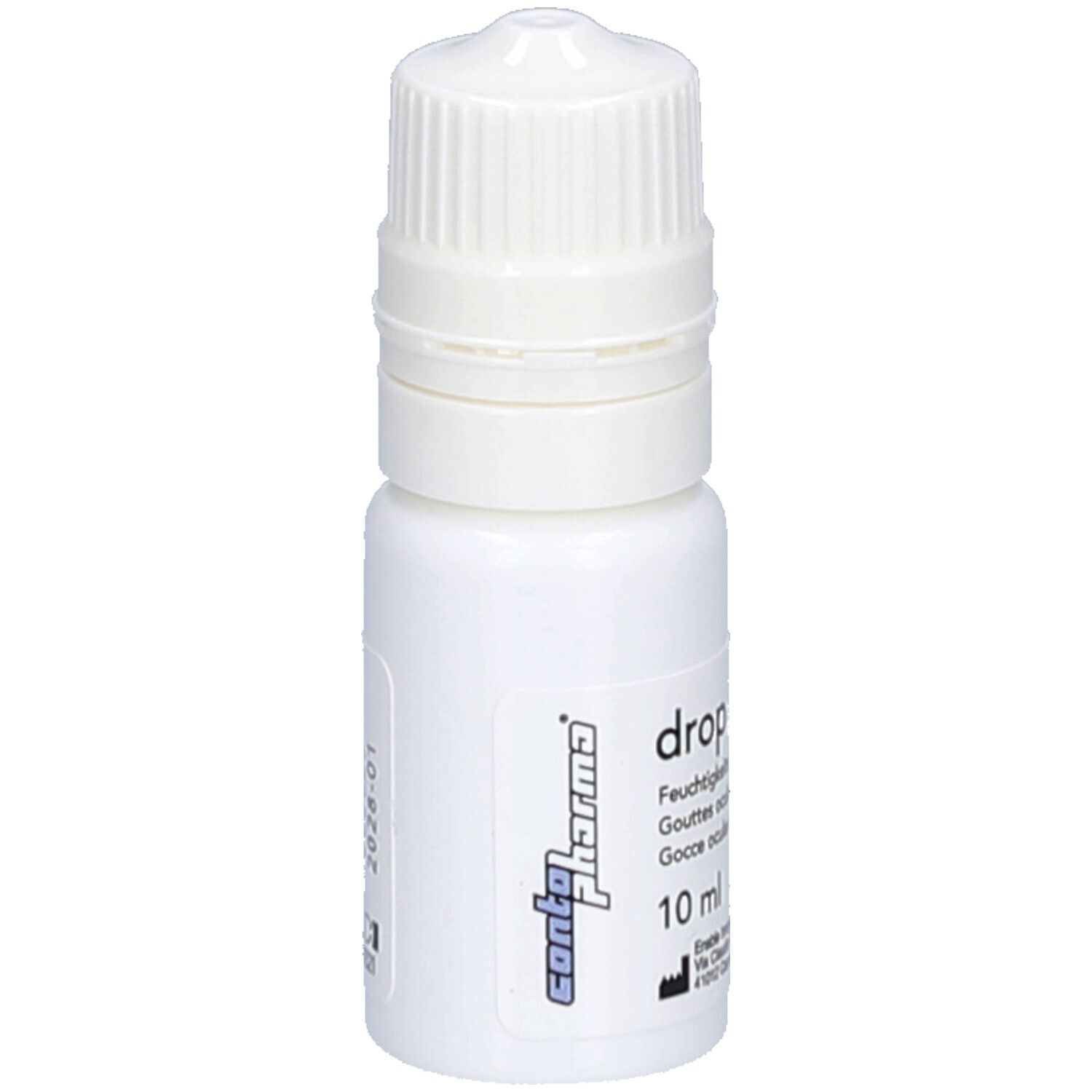 Flacon blanc de gouttes ophtalmiques avec bouchon à vis. Inscription : drop & see, 10 ml. Logo Contopharma.