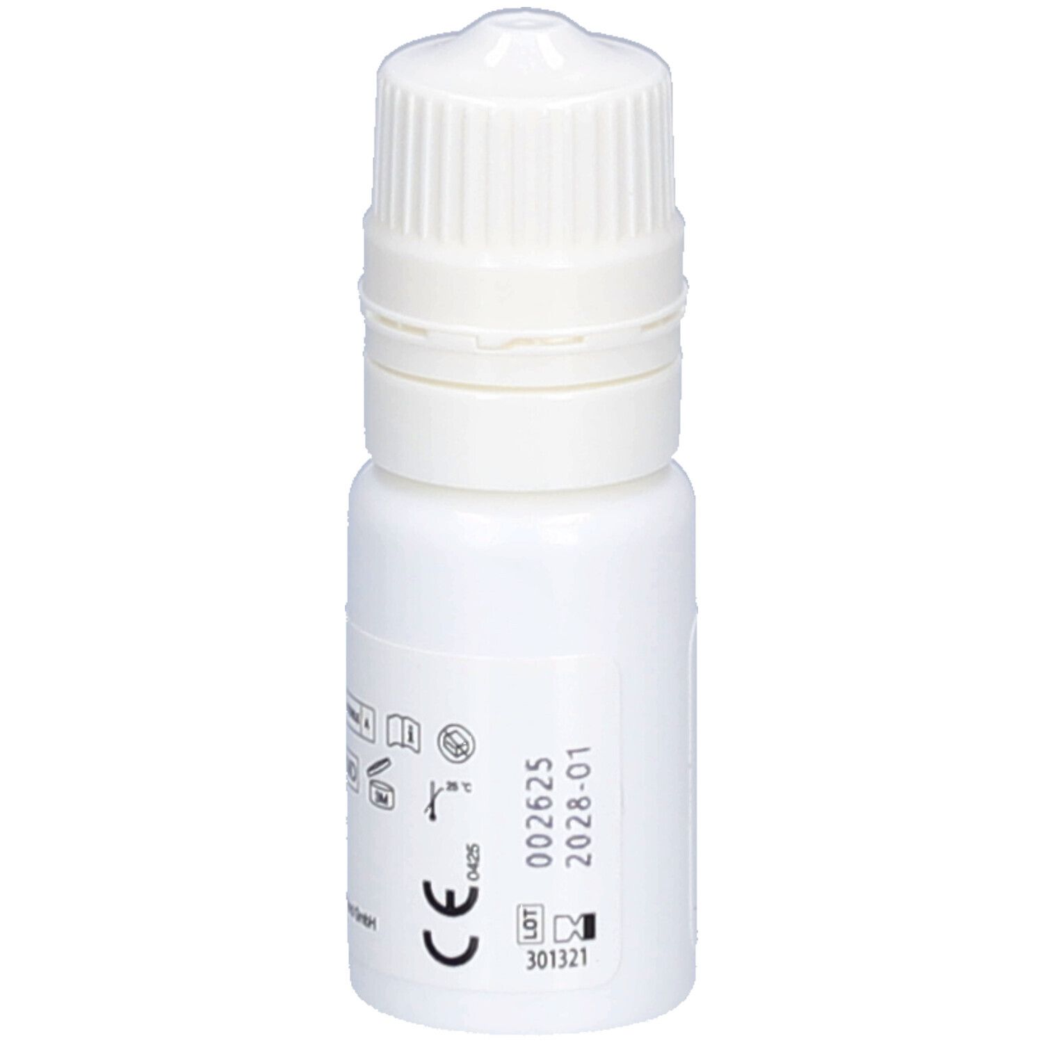 Flacon blanc de gouttes ophtalmiques avec bouchon à vis. Inscription : drop & see, 10 ml. Marquage CE et numéro de lot.
