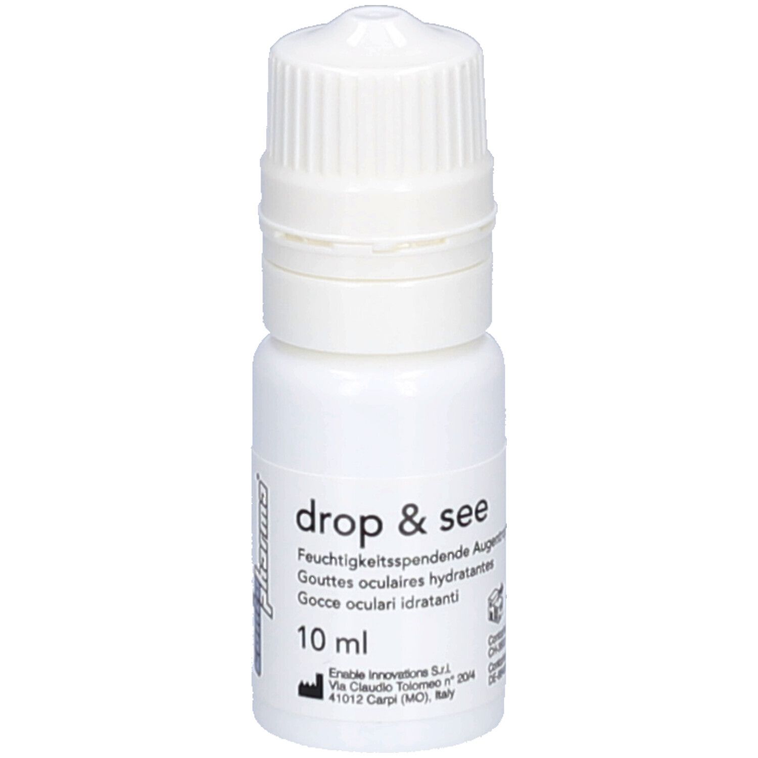 Flacon blanc de gouttes ophtalmiques avec bouchon à vis. Inscription : drop & see, 10 ml. Indications multilingues.