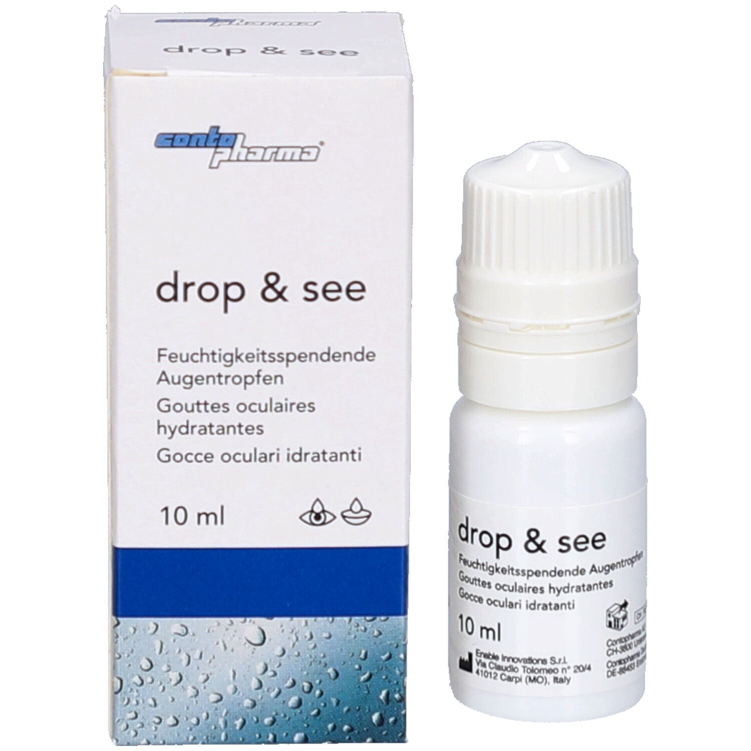 Emballage et flacon. Emballage : blanc avec bande bleue. Flacon : drop & see, 10 ml.