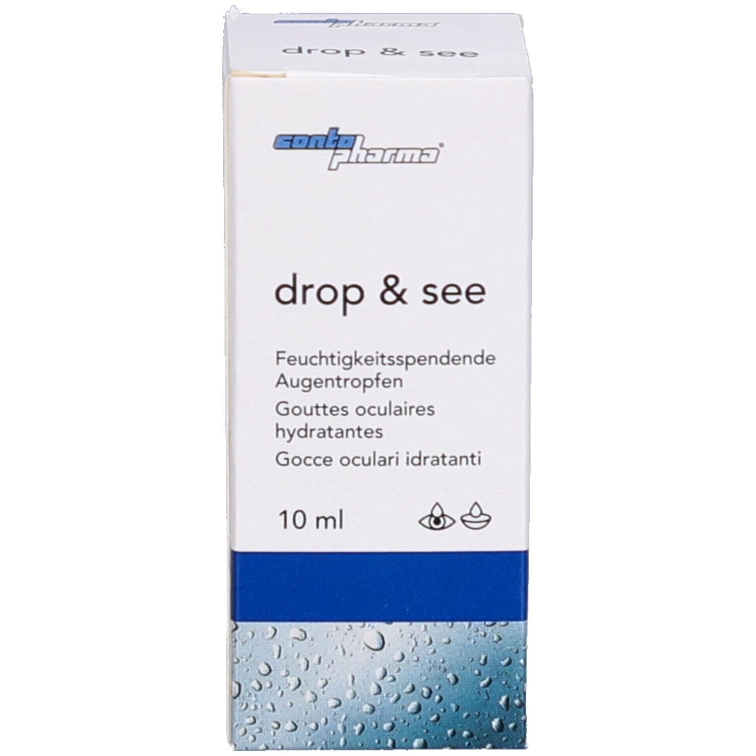 Emballage du produit. Blanc avec bande bleue. Inscription : drop & see, 10 ml. Logo Contopharma.