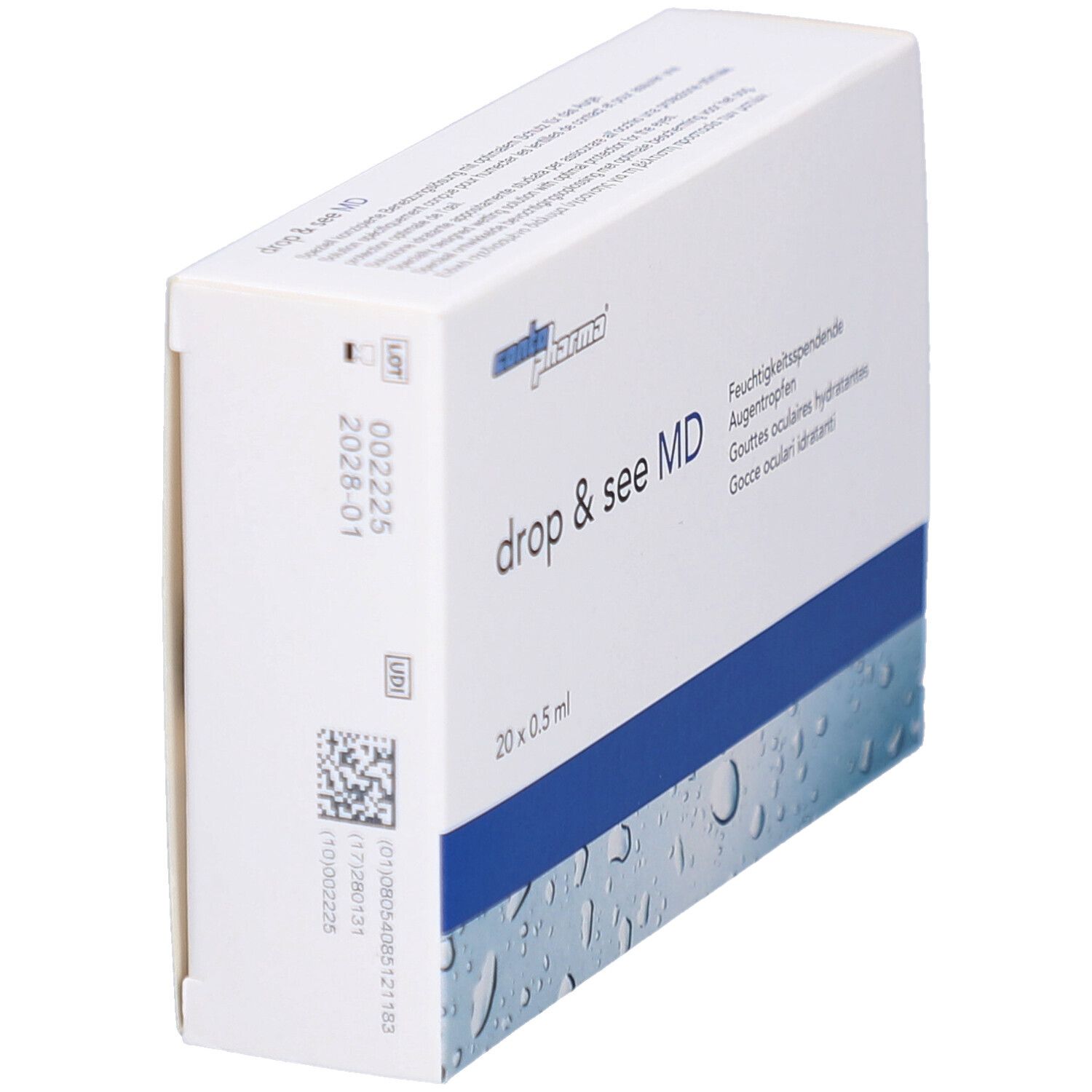 Boîte blanche, vue en biais. Inscription: drop & see MD, 20 x 0,5 ml. Logo Contopharma. Dos avec texte et code-barres.